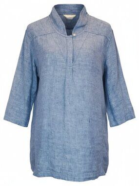 GARNET HILL Women's Blouse Blue Chambray 100% Linen Tunic Blouse